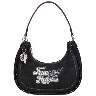 True Religion Wing Motif Denim Hobo Bag with Red Trim