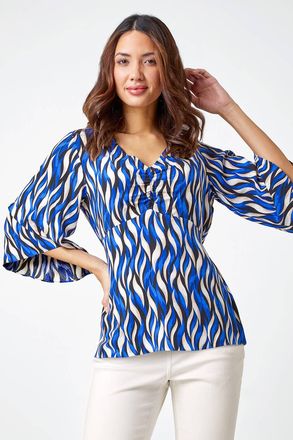 Roman Abstract Print V-Neck Ruched Tunic Top