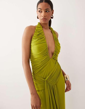 Asos Vestito lungo sinuoso con scollo molto profondo e drappeggio asimmetrico color lime-Verde
