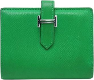Herm&egrave;s Pre-owned Wallets, female, Green, Size: ONE SIZE Pre-owned Leather Bearn Mini Compact Wallet