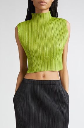 Pleats Please Issey Miyake Tune Pleated Crop Top in Yellow Green at Nordstrom