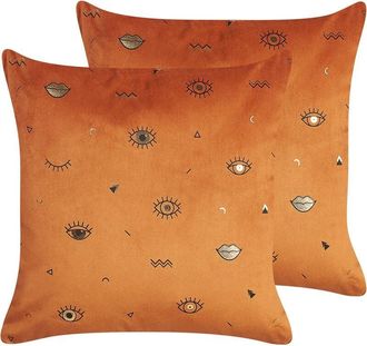 Beliani Beliani - Conjunto De 2 Cojines De Terciopelo Naranja Negro 45 X 45 Cm Patr&oacute;n Ojo Aeonium