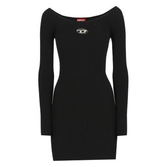 Diesel Kleedjes, Dames, Zwart, XS, Geribbelde jurk met metalen logo