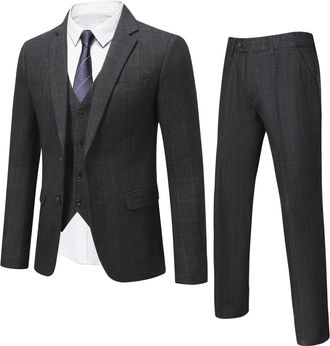 AlltheMen Mens Business 3 Piece Slim Fit 2 Button Check Suits - Jacket, Vest, Trousers - Wedding Grey L