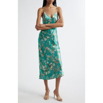 L'agence Seridie Floral Print Silk Midi Slipdress in Teal Watercolor Cherry Blossom at Nordstrom Rack, Size 12