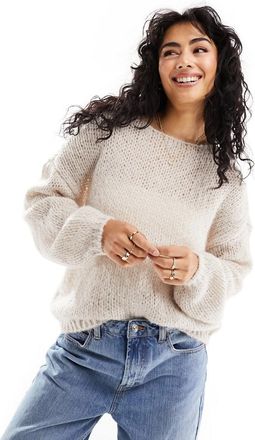 Only Only wide neck oversized sleeve sweater in cream-White