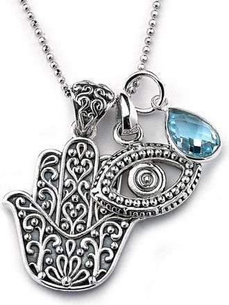 Samuel B. Sterling Silver Hamsa, Evil Eye & Blue Topaz Charm Necklace in Silver Blue at Nordstrom Rack