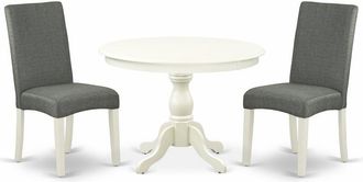 East West Furniture HBDR3-LWH-07 3 Piece Dining Table Set - Linen White Small Kitchen Table and 2 Grey Linen Fabric Chairs for Dining Room with High Back - Linen White Fi