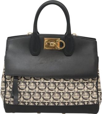 Ferragamo Studio Satchel Gancini Jacquard And Leather Canvas Bag (Pre-Owned)