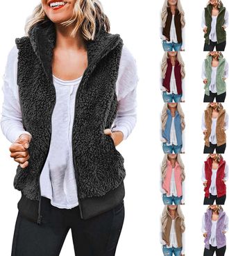 Generic Womens Fleece Gilet Jacket Bodywarmer Sleeveless Coat Plush Vest Ladies Zip-Up Solid Waistcoat with Pockets Lightweight Outwear for Autumn Winter Runn