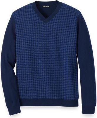 Paul Fredrick Washable Merino Wool Houndstooth V-neck Sweater in Blue at Nordstrom, Size Xx-Large