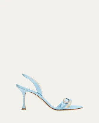 Manolo Blahnik 90mm Zutosan Satin Embellished Buckle Slingback Sandals