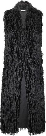 Stefano Mortari Long Sleeveless Coat With Black Fringes And Relaxed Fit