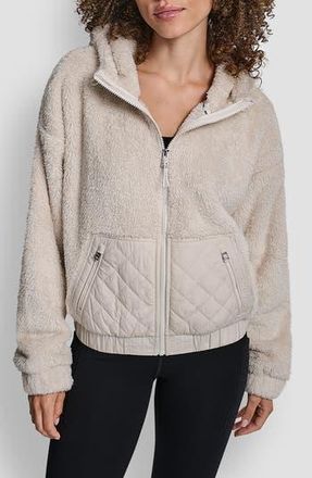 DKNY Faux Shearling & Diamond Quilted Hooded Jacket in Oat at Nordstrom Rack, Size X-Large