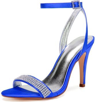 Generic Wedding Bridal Shoes Womens Satin Ankle Strap Bridal Open Toe Prom Party Dress Stiletto Sandals 10.5,Blue,10 UK