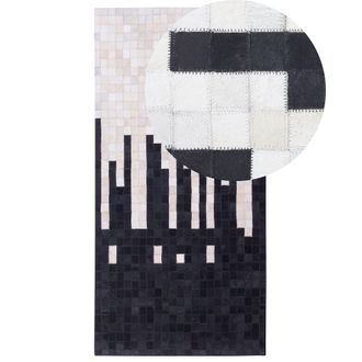 Beliani Alfombra De Piel De Vacuno Blanco Y Negro 80 X 150 Cm Rectangular Patr&oacute;n Abstracto Geom&eacute;trico Hecha A Mano Bolu