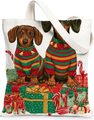 Generic Christmas Dog Canvas Tote Bags, Animal Pattern Reusable Grocery Bags, Holiday Rustic Lightweight Washable Shoulder Strap Ca, White, 13x15 Inch