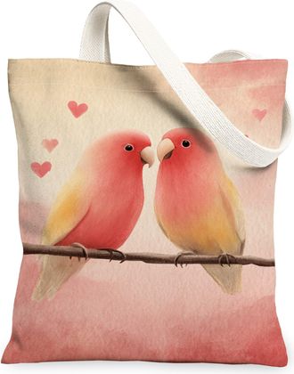 Generic Romantic Birds Canvas Tote Bags, Vintage Heart Pattern Reusable Grocery Bags, Lightweight Washable Shoulder Strap Canvas Fo, Peach, 13x15 Inch