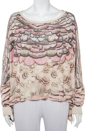 Roberto Cavalli Beige Printed Silk Knit Oversized Sweatshirt