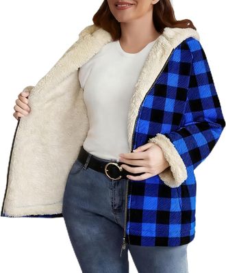 Generic Womens Checked Jackets Winter Cosy Warm Fleece Lined Coats Zip Up Hoodies Long Sleeeve Zipper Hoody Fuzzy Thermal Casual Plaid Jacket Autumn Winter Go