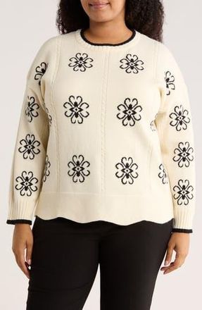 Adrianna Papell Floral Jacquard Sweater in Cream/Black at Nordstrom Rack, Size 1X