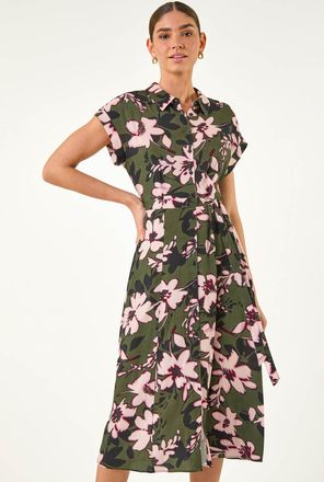 Roman Floral Print Belted Midi Dress