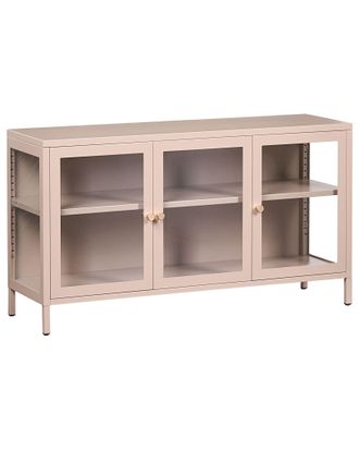Beliani Credenza In Acciaio Con Vetro Temperato A 3 Ante E Ripiani Regolabili Beige Newport
