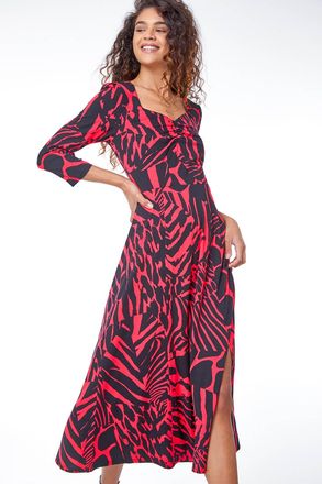 Roman Abstract Animal Print Ruched Midi Dress