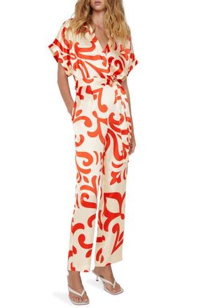 Mango Printed Tie Belt Satin Jumpsuit in Off White at Nordstrom, Size Small