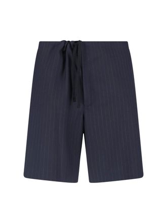 Kaptain Sunshine Navy Blue Pinstripe Mid-Rise Wool Shorts