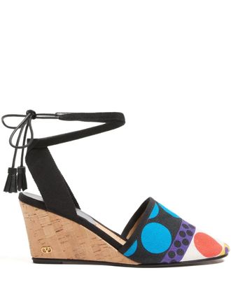 Valentino Garavani 75mm La Cruisette wedge-heeled sandals - women - Cotton/Calf Leather/Viscose/Cotton - 35.5 - Black