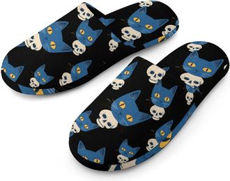 Generic Blue Cat on A Skull Flannel Mens Slip-on Slippers Winter Warm House Shoes with Rubber Sole for Home Hotel