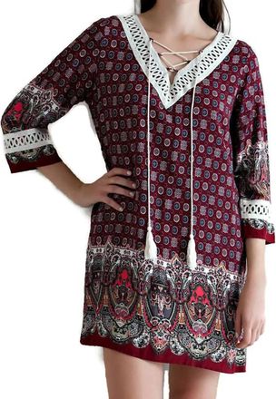 Entro Border Print Tassel Tie Mini Dress In Burgundy