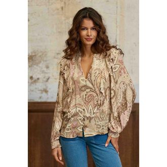 La petite &eacute;toile Blouse met lange mouwen en ruches in paisleyprint, BERRY