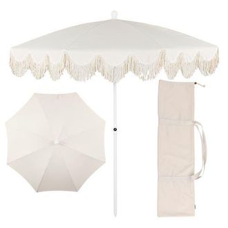 Jonathan Y Designs Mariner 6.5 ft. Classic Cottage Fringe Tassel Market Beach Umbrella with Push Button Tilt in Cream - White Pole at Nordstrom