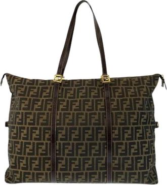 Fendi Pre-owned Zucca Canvas Leather Tote Shoulder Bag - Dames - Vintage Shopper - Bruin - ONE Size - Leer - Vintage