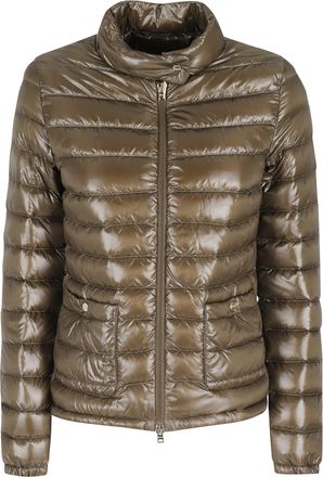 Herno Green Round Neck Button-Patch Zip-Front Polyamide Down Jacket