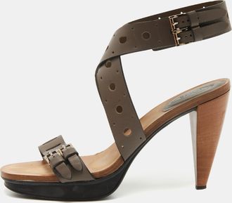 Tod's Tods Grey Leather Perforated Platform Ankle Strap Sandals
