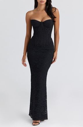 House of CB Solaine Lace-Up Strapless Lace Corset Gown in Black at Nordstrom, Size X-Small A