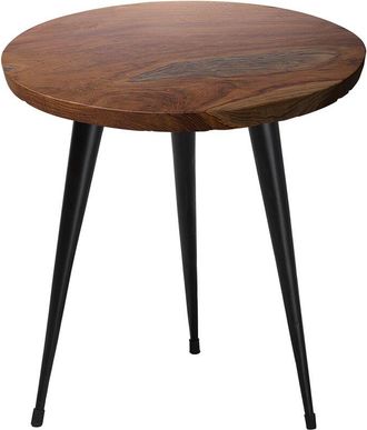 Beliani Mesa auxiliar tablero de madera de teca oscura redonda patas negras 45 cm estilo rústico clásico Detah
