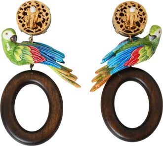 Dolce & Gabbana Multicolor Parrot Wood Brass Crystal Embellished Womens Earrings (Pre-Owned)