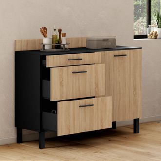 IDMarket Idmarket - Aparador De Cocina Bajo 120 Cm Encimera Casserolier Cina H.83 Cm 1 Puerta + 3 Cajones Aspecto Negro Y Haya