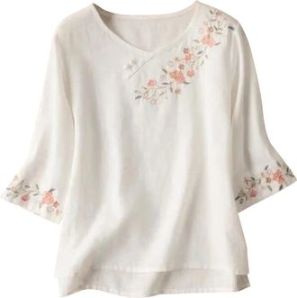 Generic Womens Linen Shirt Going Out Tops for Women UK Womens Shirts Summer Clothes Ladies Blouses Round Neck Three-Quarter Sleeves Button Embroidery Cotton a
