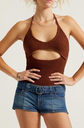 PacSun Serafina Knit Halter Neck Crop Tank in Brown at Nordstrom, Size Xx-Small