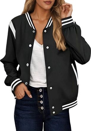 Generic Bomber Varsity Jacket Women Button Down Baseball Coats Warm Classic Lightweight Oversized Long Sleeve Outwear Vintage Autumn Streetwear Girl Boy Gift 