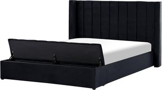 Beliani Cama con somier de terciopelo negro 180 x 200 cm reposacabezas alto banco Noyers