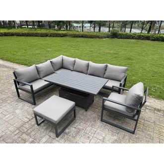 Fimous 8 Seater Aluminum Conversational Set with Lifting Table & Cushions in Dark Grey