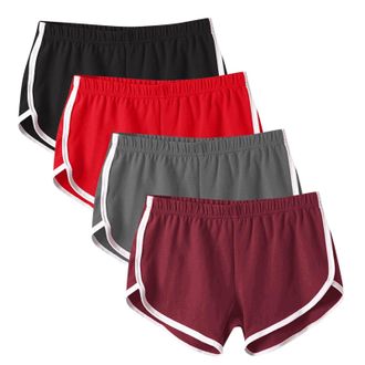 Generic 4 Pack Gym Shorts for Women Elasticated Waisted Athletic Shorts Solid Colour Striped Jogging Short Loose Wide Summer Running Pants Lightweight Breatha