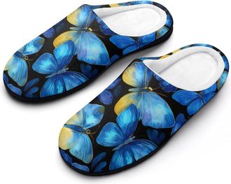 Generic Watercolor Blue Butterfly Mens House Slippers Memory Foam Washable Cotton Slip on Home Shoes