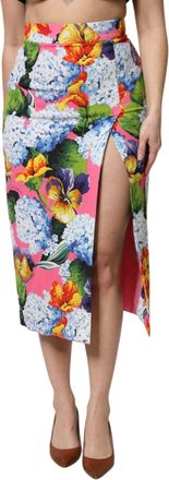 Dolce & Gabbana Womens Multicolor Floral High Waist Midi Skirt Viscose Elastane